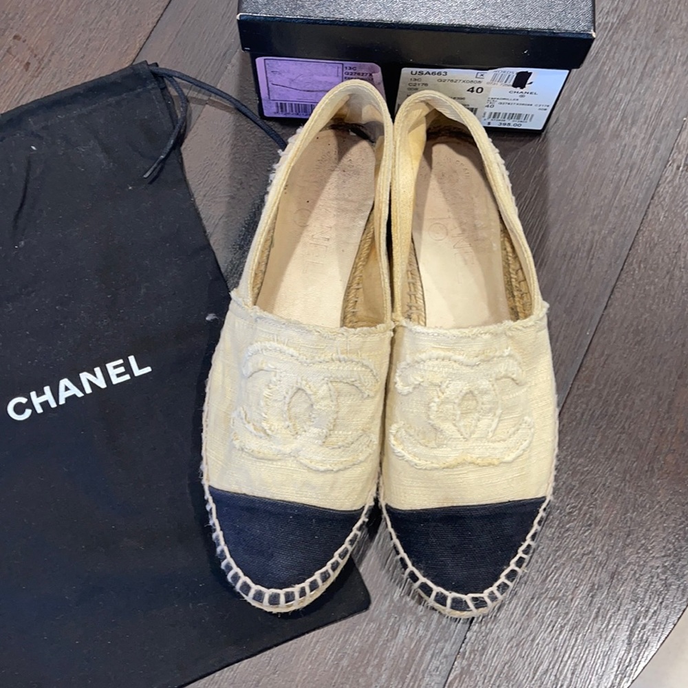 Chanel beige linen cap-toe espadrille flats